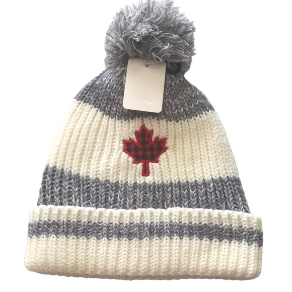Inspire Accessories - Knit Toque One Size Plaid Embroidered Edge Maple Leaf Symbol New With Tag